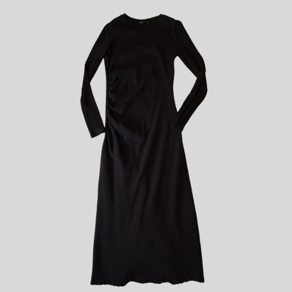 Zara Black Ribbed Midi Dress - Side Ruched Bodycon - Size M